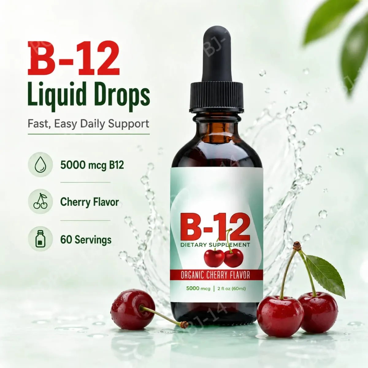 Βιταμίνη B12 Methylcobalamin Liquid Drops 5000 mcg Cherry Flavor 2 Fl Oz 60 Servings Συμπλήρωμα Vegan χωρίς ζάχαρη καθημερινά — image 2