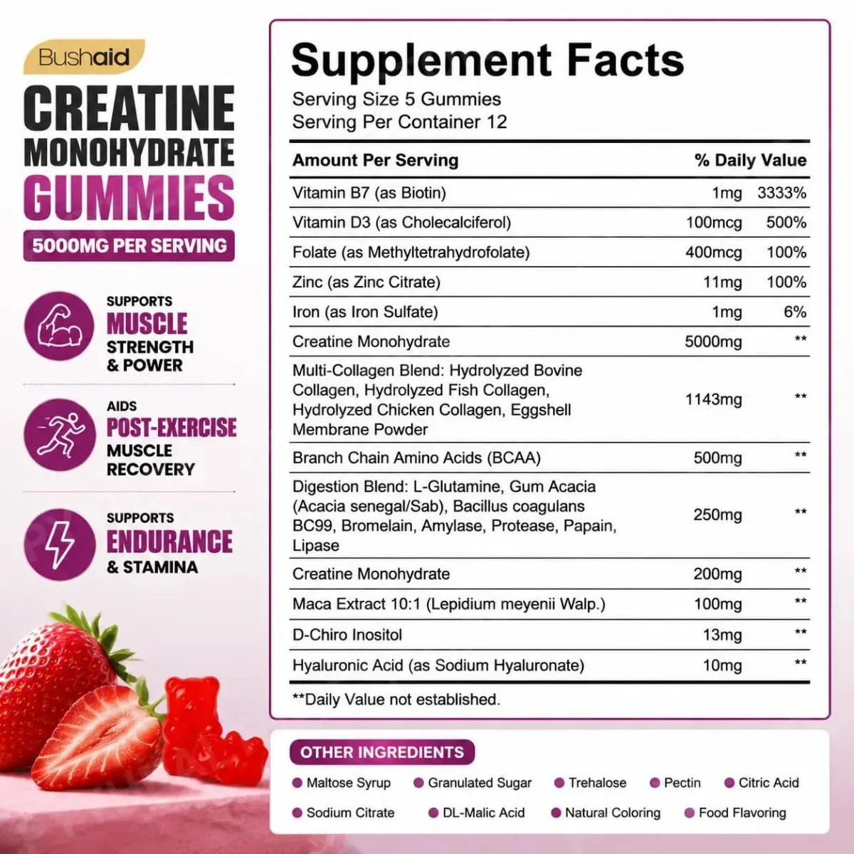 BushAid Creatine Monohydrate Gummies for Post-Workout Muscle Recovery with Multi-Collagen Blend BCAA and Zinc 60 Gummies — image 3