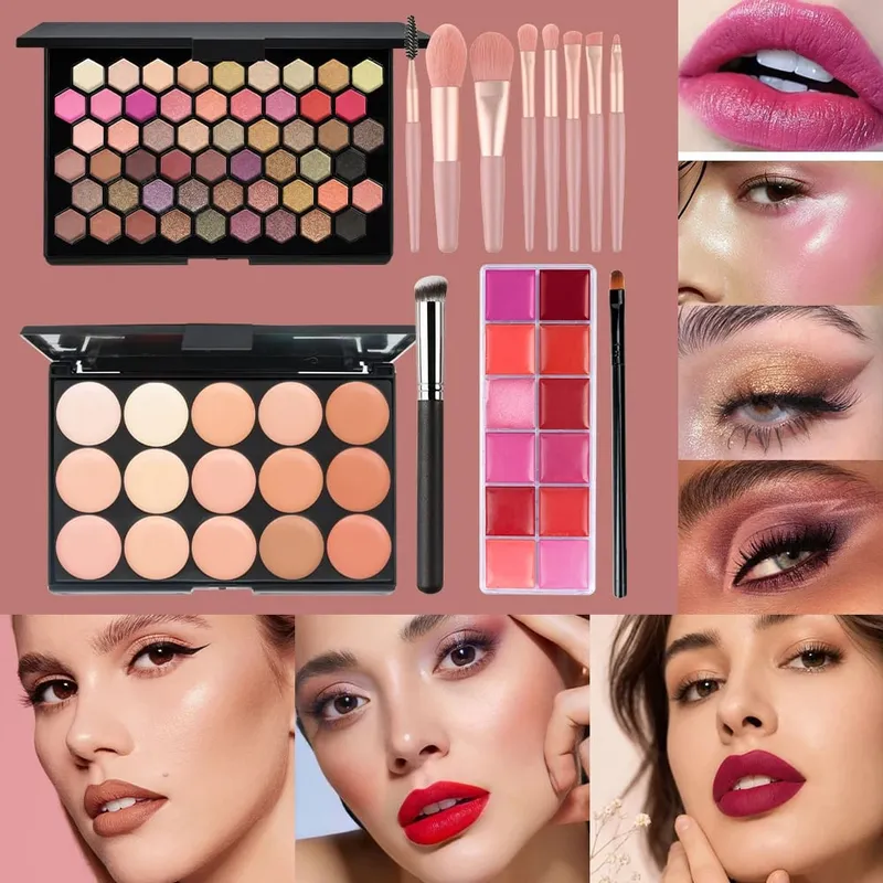 6 pçs kits de maquiagem 54 cores paleta de sombra 15 cores corretivo paleta 12 cores brilho labial com 9 pçs escovas lábio conjunto completo