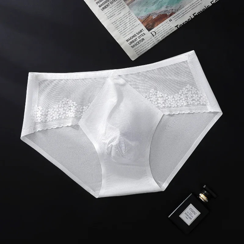 Men Briefs Summer Ultra-Thin Ice Silk Panties 3D Stamping Silk Splicing Lace See Through Underwear Seamless Sissy Underpants — image 3