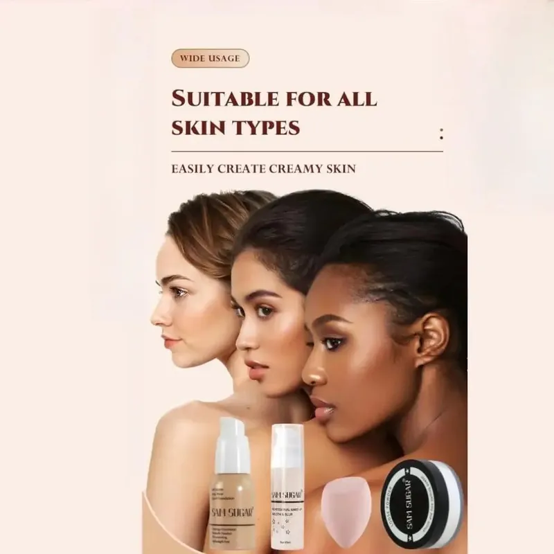 Σετ βάσης μακιγιάζ με 15ml Primer 30ml Matte Foundation 5g Loose Powder Puff για λεία και άψογη επιδερμίδα Μακριά ρούχα