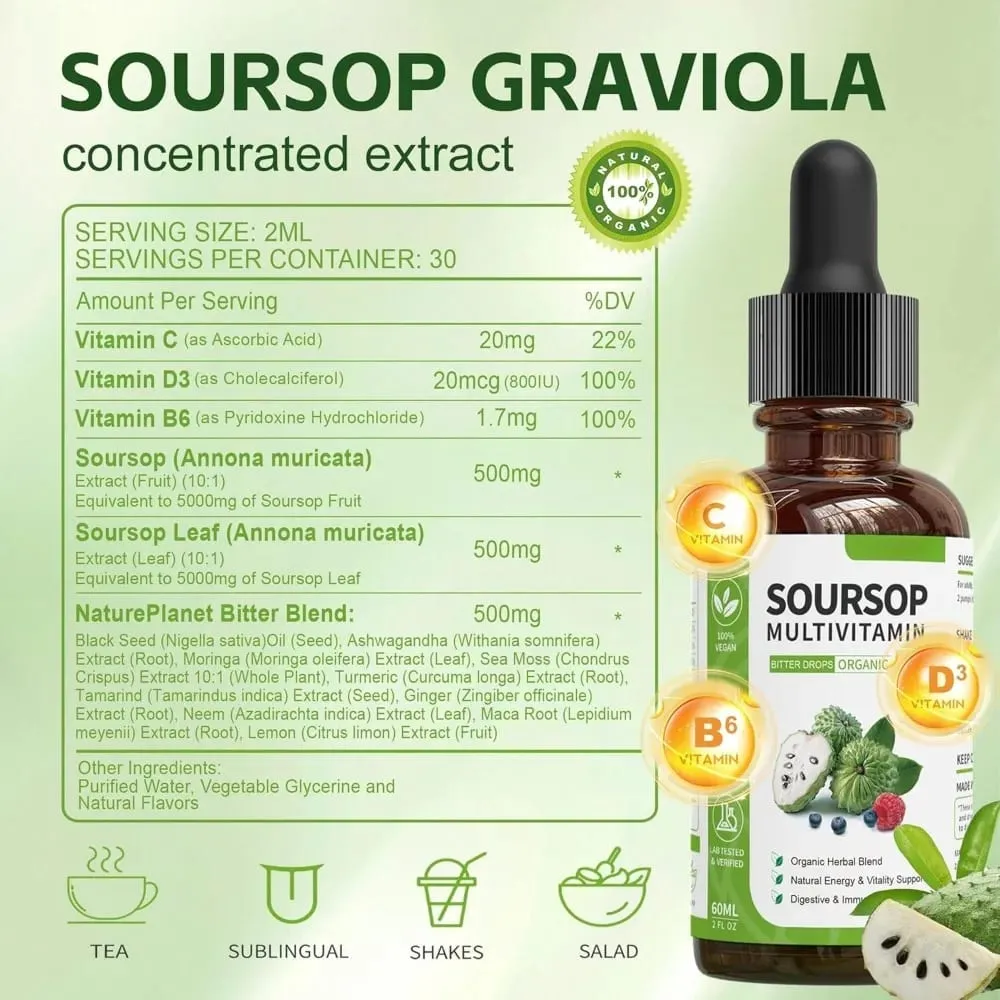 Soursop Liquid Drops Herbal Extract Plant Based Supplement with Soursop Fruit and Leaf Blend Daily Wellness Formula Vegan — image 4