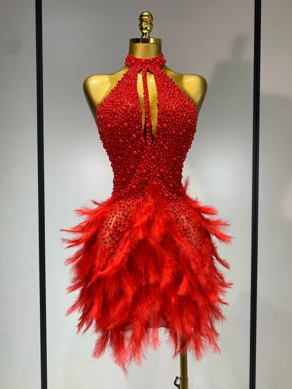 Luxury Rhinestones Pearls Halter Backless Short Feathers Dress Women Sexy Celebrate Birthday Dress Performance Dance Costume