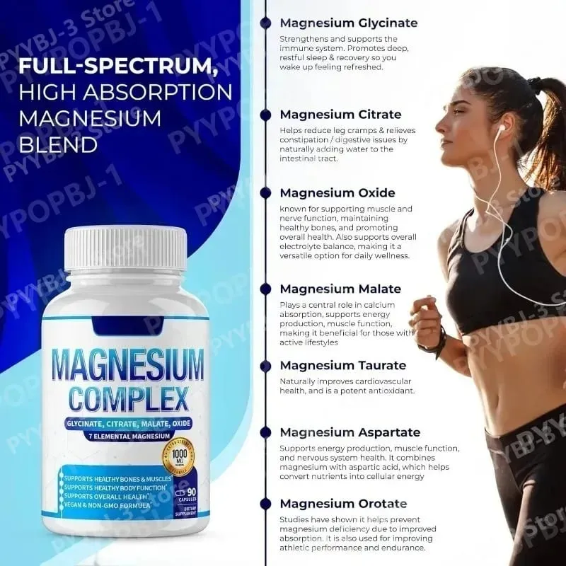 90 Pieces Magnesium Complex Capsule Contain 7 Ingredient – Glycinate Citrate and Malate Etc 1000mg Health Nutrition Support