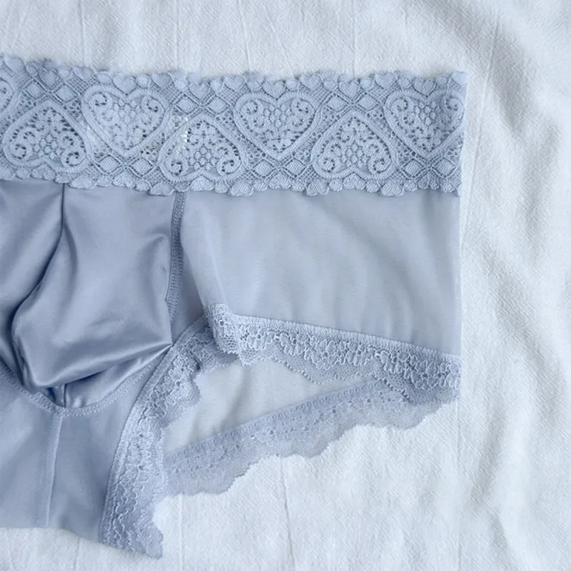 Men Ice Silk Lace Trim Thin Seamless Briefs Glossy 3D Pouch Lightweight Underwear Panties Comfortable Daily Lingerie