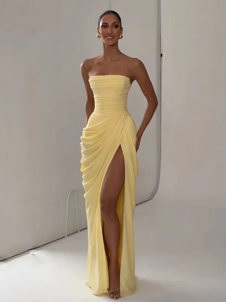 Γυναικείο σέξι μονόχρωμο πλισέ φόρεμα Lady chic off-shoulder Φορέματα με σπαστό στράπλες ψηλόμεσο 2026 Καλοκαιρινό βραδινό πάρτι