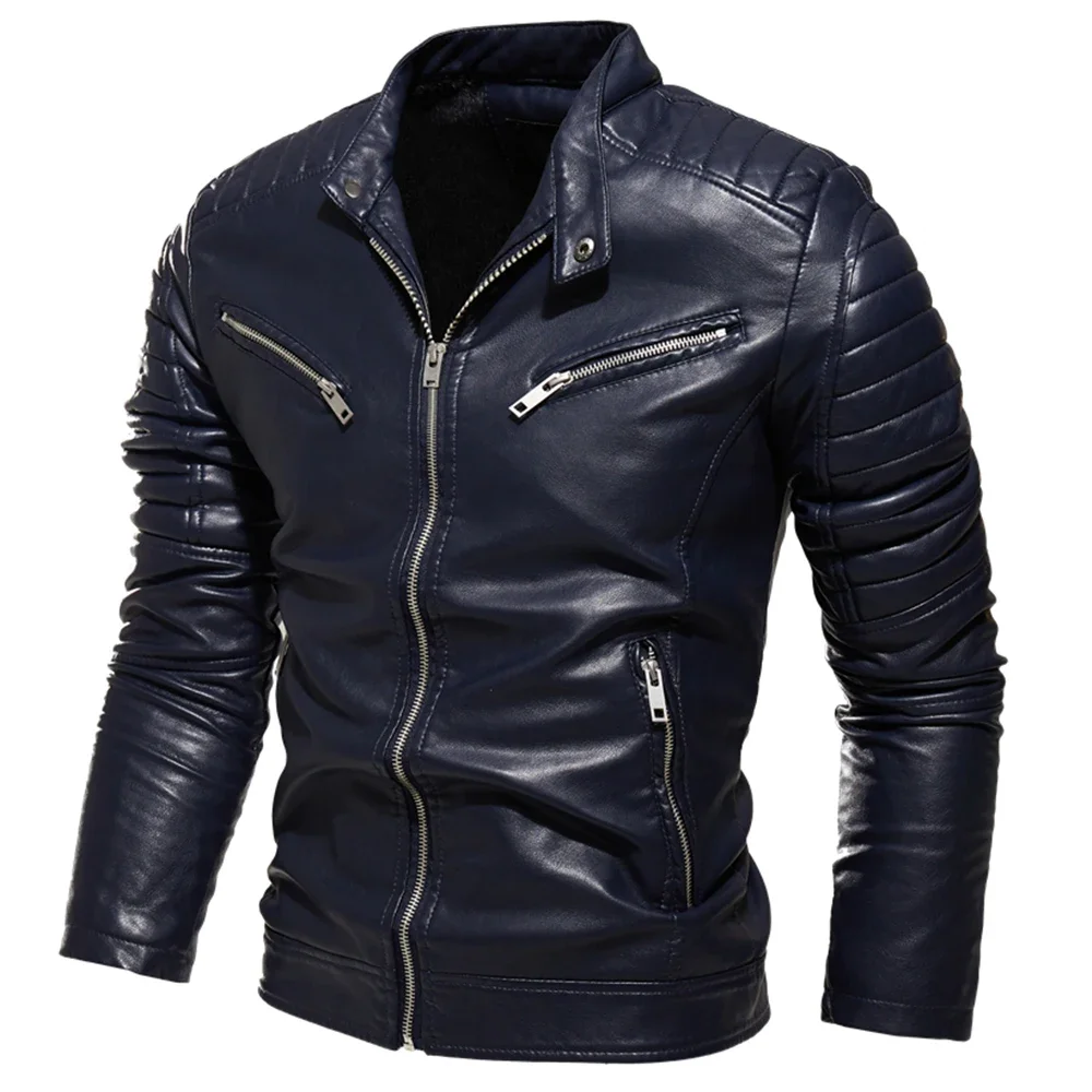 2025 Winter Black Leather Jacket Men Fur Lined Warm Motorcycle Jacket Slim Street Fashion BLack Biker Coat Pleated Design Zipper