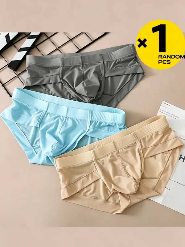 1 Pcs Randomly Men Briefs Ice Silk Underwear Low Waist U Convex Pouch, Soft Ribbed Breathable Elastic Waistband Quick Dry Male — image 1