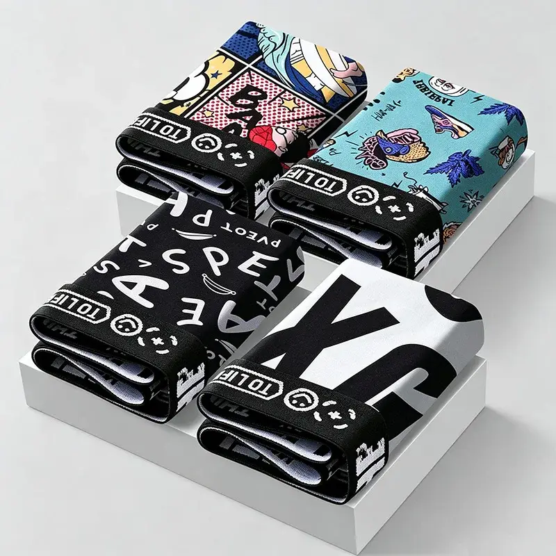 4-Piece Set! Men's Underwear! Breathable Male Trend Boxer Shorts Male Youth Print Trend Shorts