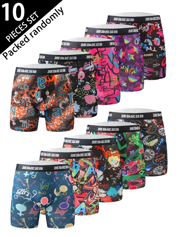 Calzoncillos bóxer largos con patrón de grafiti para hombre mixto de diez piezas, calzoncillos bóxer largos transpirables y cómodos de alta elasticidad, boxeo