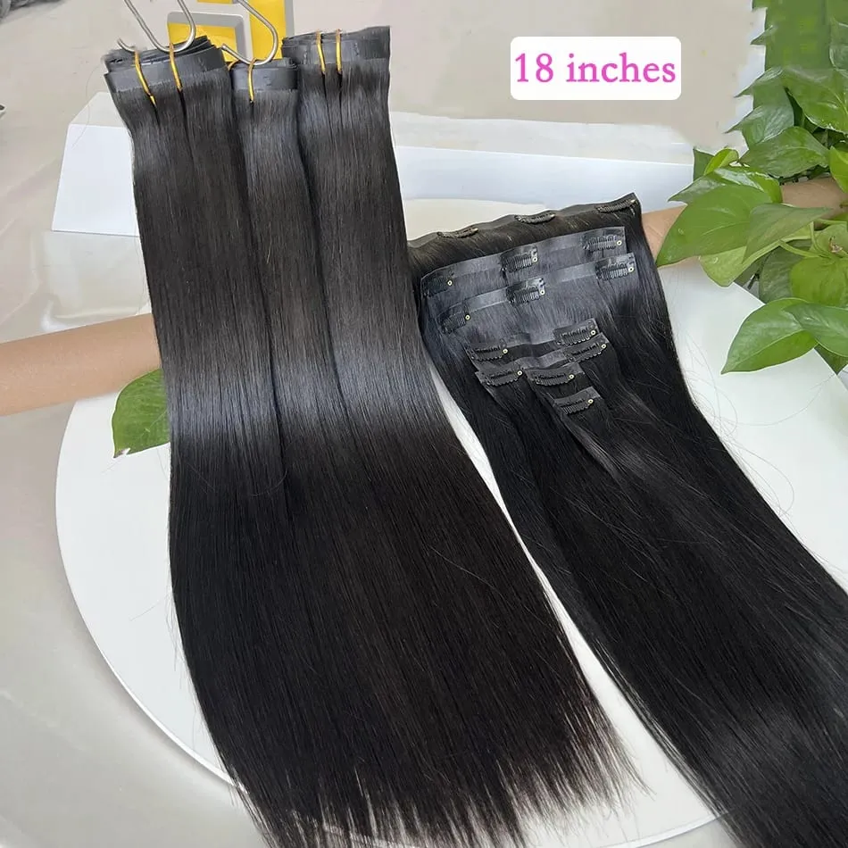 Raw Unprocessed 100g 7Pcs/Set Seamless Clips in #1B Natural Color Human Hair Extensions Long PU Weft Invisible Straight Hair — image 5