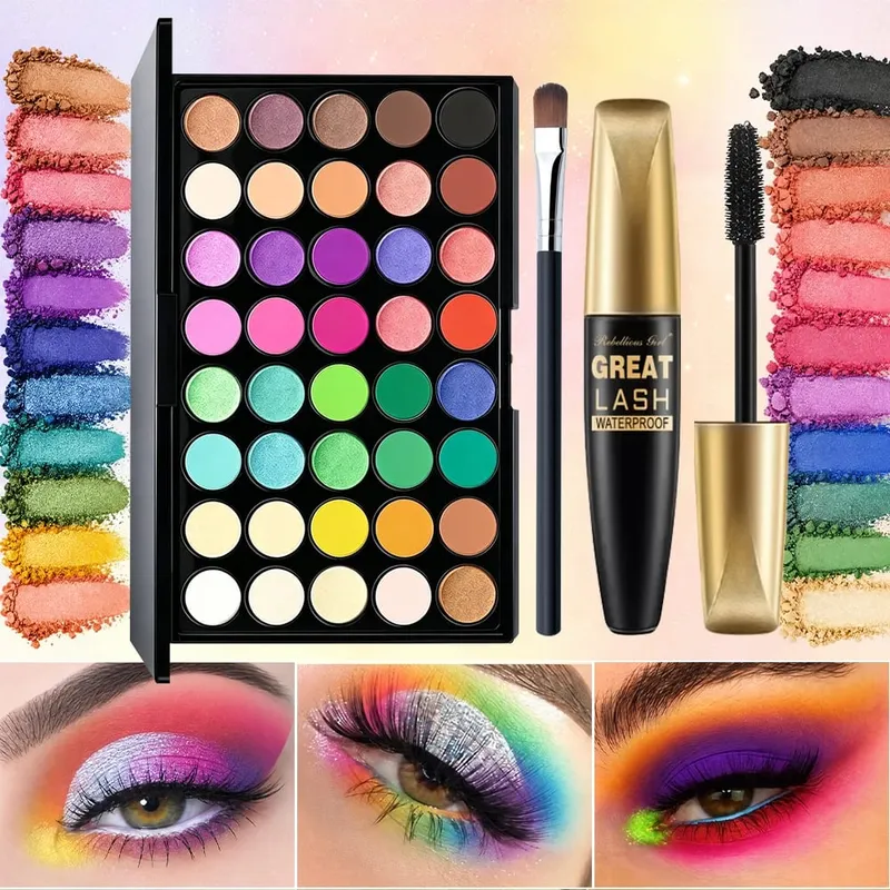 3 τμχ Σετ μακιγιάζ για 40 χρώματα Rainbow Eyeshadow Palette + Μαύρη μάσκαρα με 1 τμχ Πινέλο 3 σε 1 Σετ μακιγιάζ για καθημερινό πάρτι καθημερινά — image 8