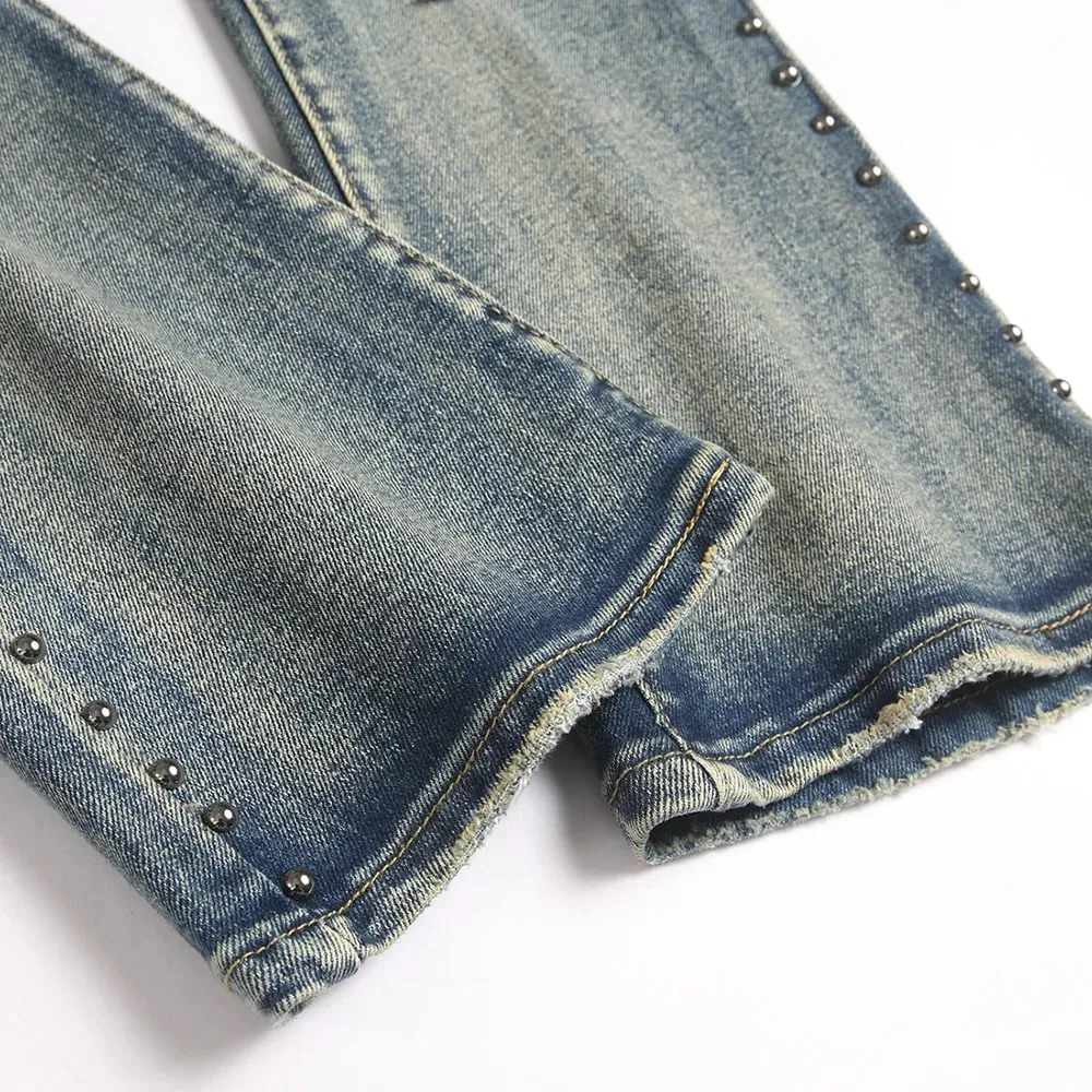 Ανδρικό Badge Patch Boot Cut Jeans Rivet Vintage Ρετρό Μπλε Stretch Τζιν Παντελόνι Streetwear Slim Flared Παντελόνι — image 5