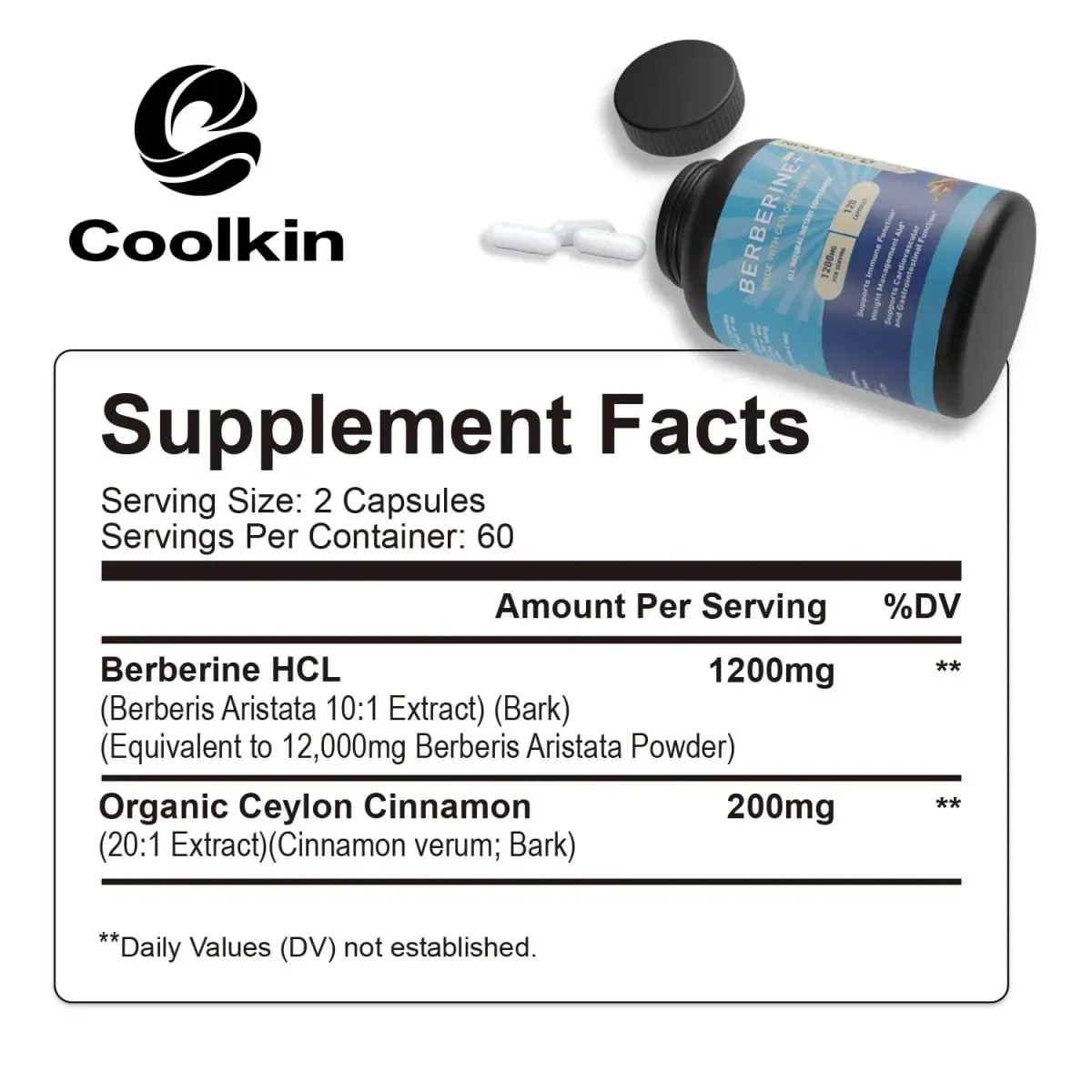 Premium Berberine HCl 1200 Mg Plus Organic Ceylon Cinnamon - Immune System Support Weight Management Supplement