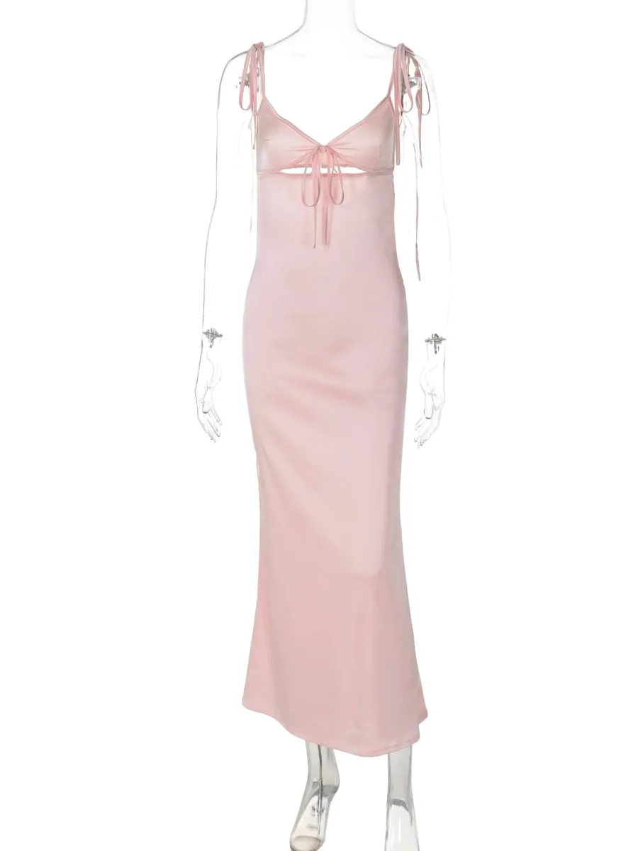 Hugcitar V Neck Solid Slips Backless Hollow Out Lace Up Sexy Bodycon Maxi φόρεμα χορού Καλοκαιρινό Γυναικεία Κομψά ρούχα Πάρτι γενεθλίων — image 7