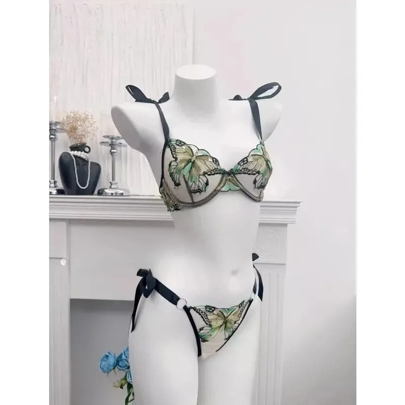 Reggente Pizzo Francese Farfalla Rete Trasparente Spalline Elastiche Senza Spugna Σετ Intimo S-XL Nuovo Morbido — image 3