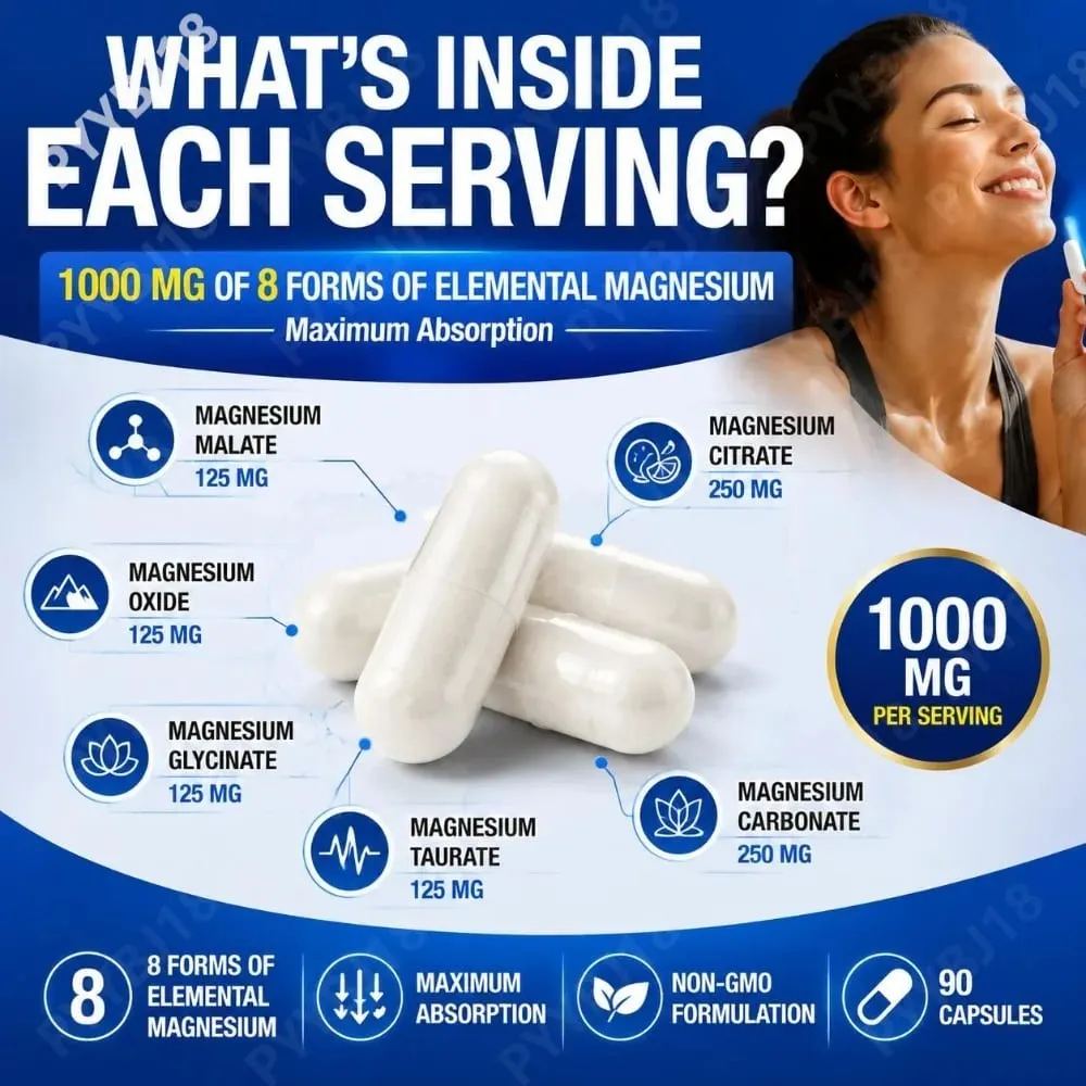 Magnesium Complex Capsules with 8 Forms of Magnesium Mineral Supplement for Bone & Muscle Support & Restful Sleep 90 Capsules