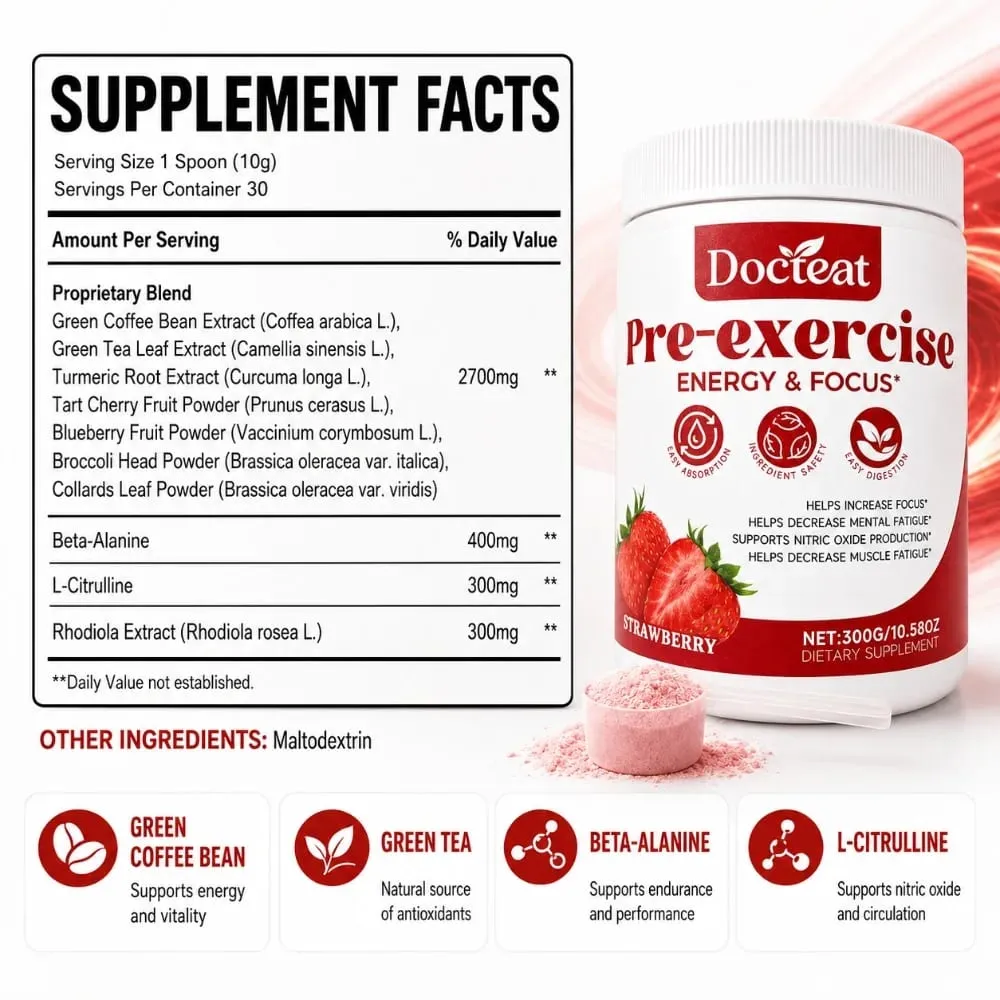 Docteat Pre Workout Powder Strawberry Energy & Focus Support Beta-Alanine L-Citrulline Rhodiola 300g 30 Servings Drink Mix — image 3