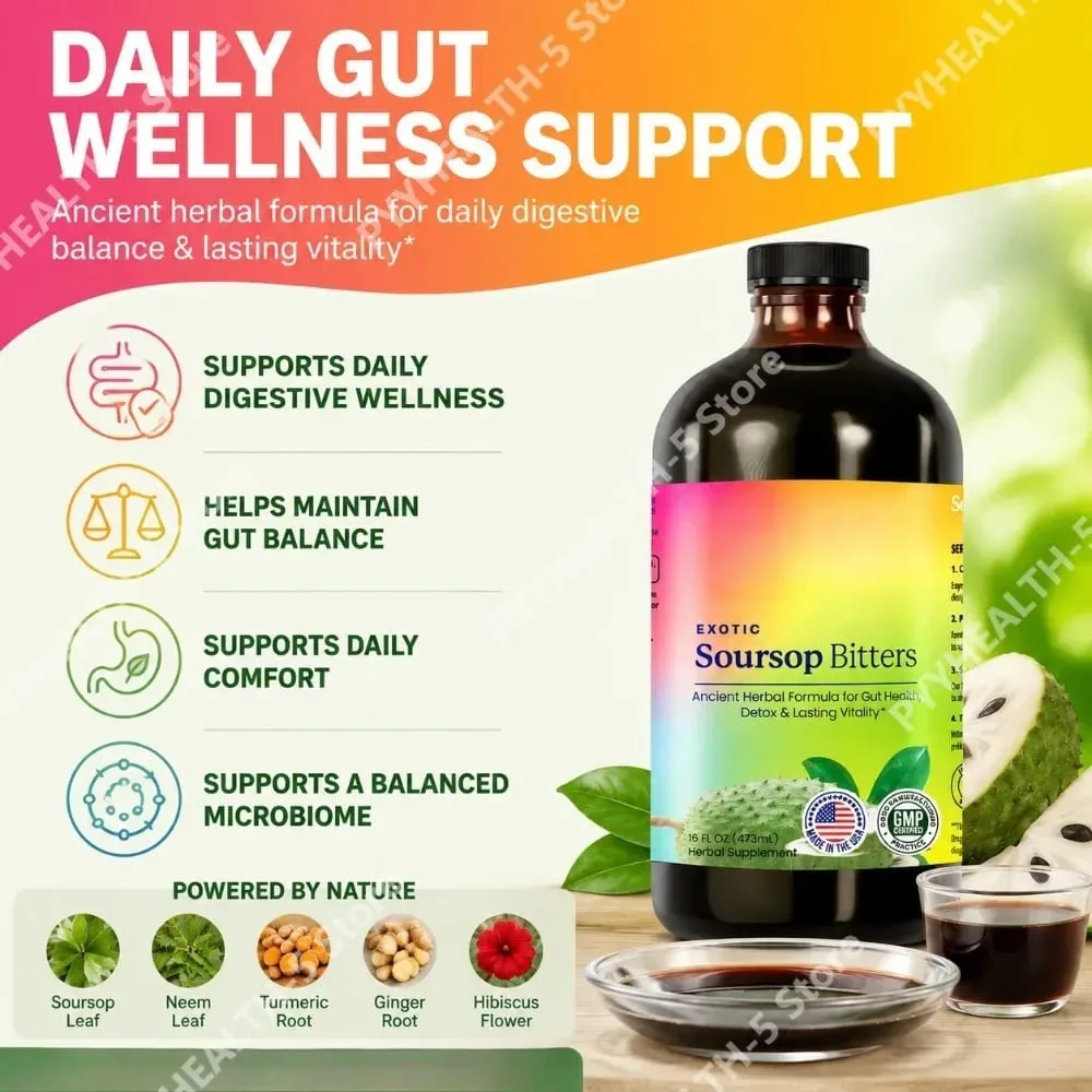 Υγρό συμπλήρωμα Herbal Soursop Bitters Black Seed Moringa Irish Moss Drops for Gut Digestive Wellness Immune 16 Fl Oz (473ml) — image 2