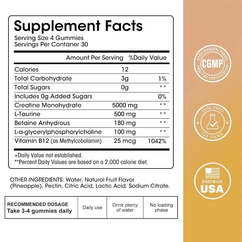 Kexinsh Creatine Gummies Creatine Monohydrate 5000mg Energy Booster Enhance Strength Energy Endurance Improve Endurance