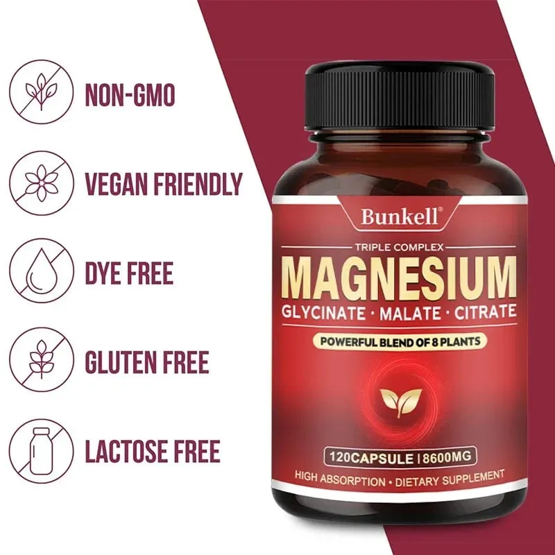Magas felszívódású magnézium-glicinát malát-citrát 100% kelát, nem GMO vegetáriánus gluténmentes 8 600 mg 120 kapszula
