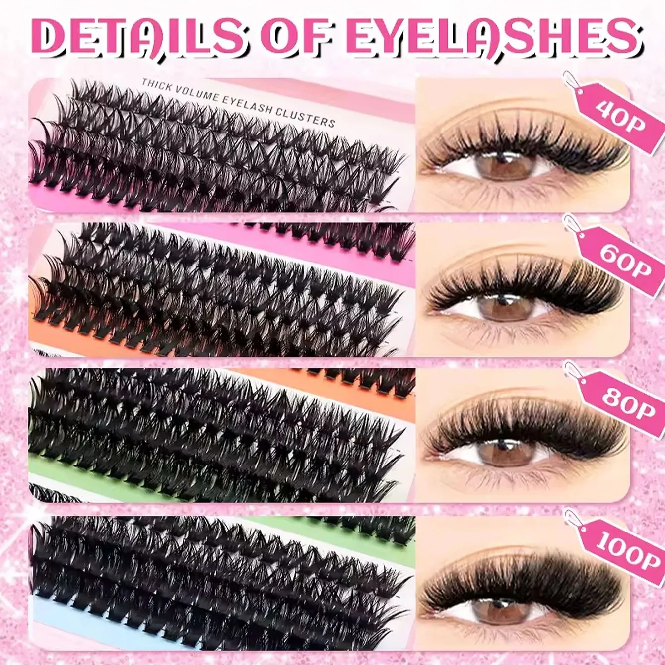Cat Eye 16 שורות Cluster Lashes 406080100P מעורב עשה זאת בעצמך ריסים בודדים מגש עבה עשה זאת בעצמך הארכת ריסים ריסים נפח Wispy — image 4