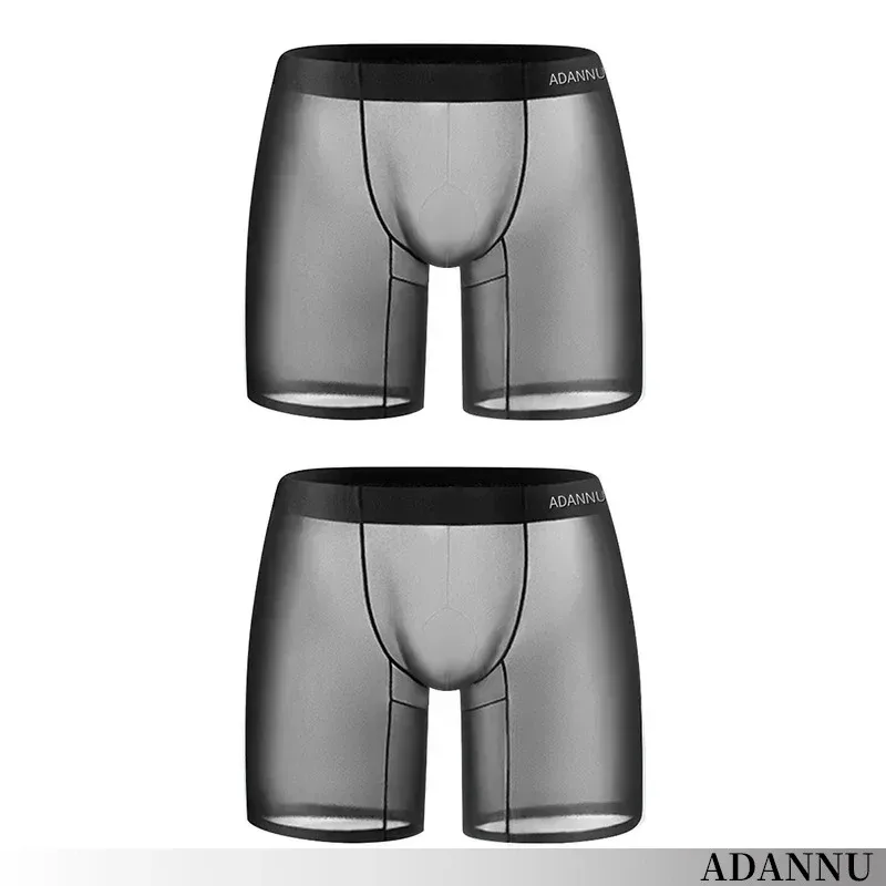 Biancheria intima da uomo ultrasottile da 0,01 mm Boxer lunghi Pantaloncini di raffreddamento in seta di ghiaccio trasparente Mutande fitness da palestra Slip a rete senza cuciture