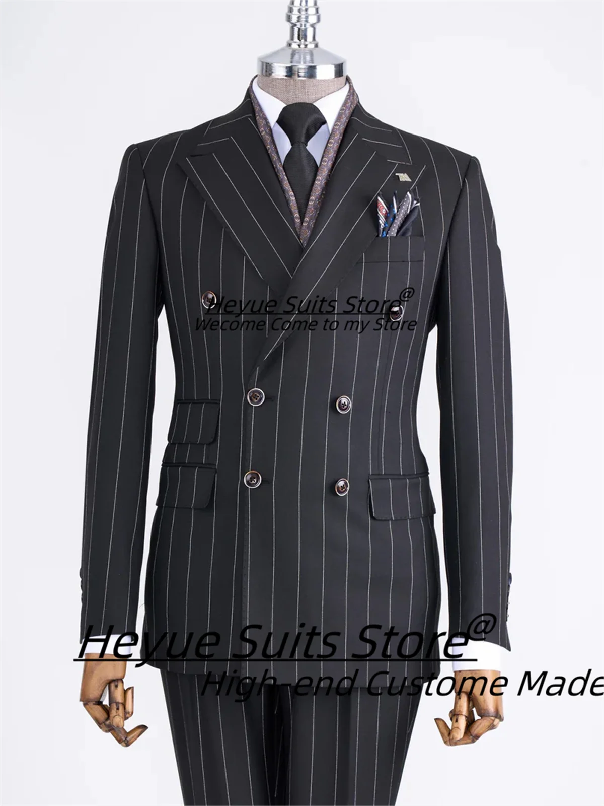 Handsome French style Stripe Men Suits Slim Fit Double Breasted Groom Tuxedos 2 Pieces Sets Classic Male Blazers Ropa Hombre — image 4