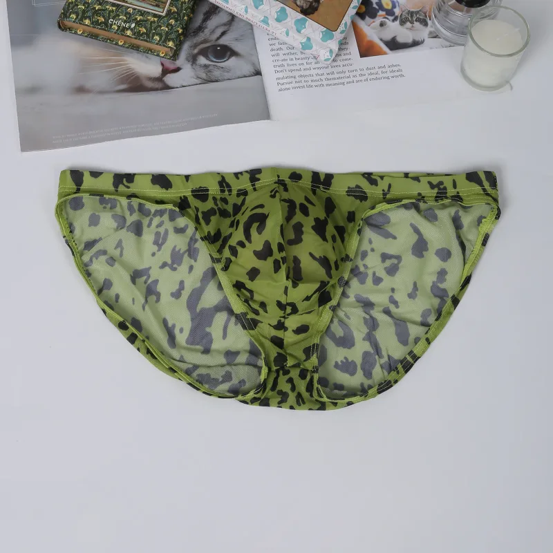 Men Sexy Briefs Underwear Mesh Sheer Ultra-Thin Underpants Big Penis Pouch See Through Panties Leopard Bikini — image 7