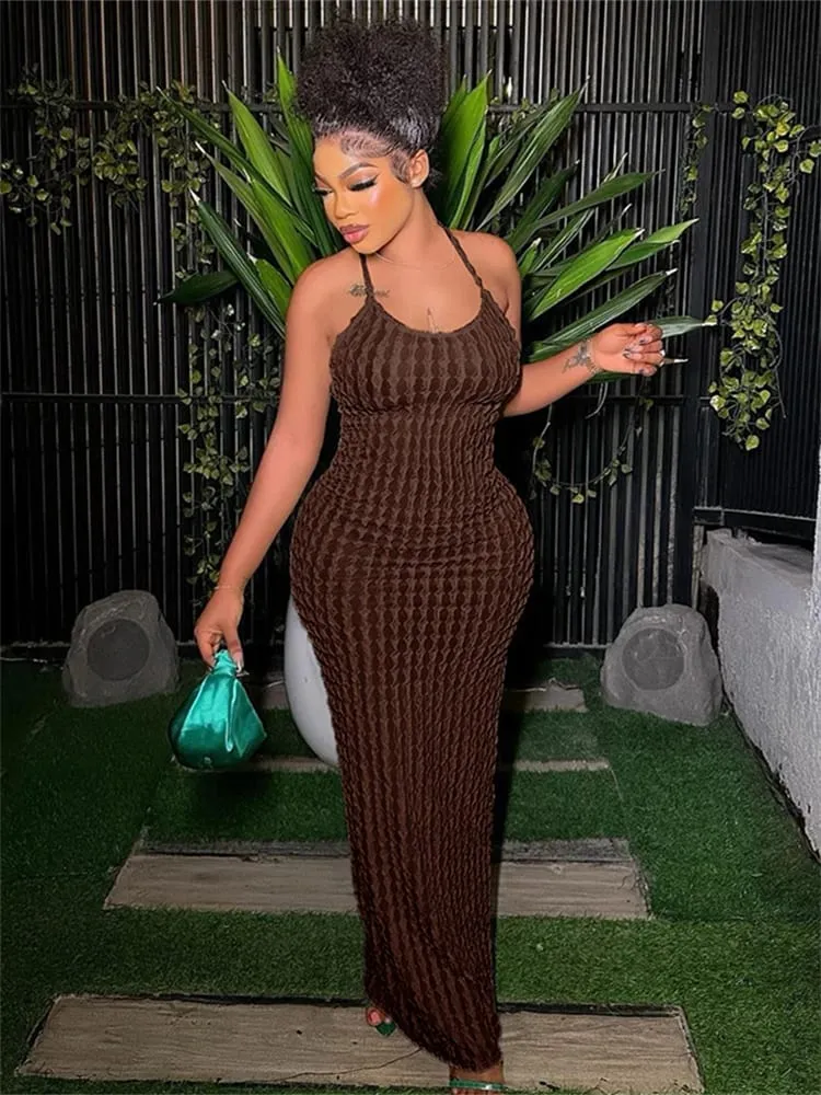 Kliou Solid Ruched spagettipántos pólya maxi ruha női alkalmi ujjatlan, hát nélküli Bodycon női parti utcai ruhák — image 6
