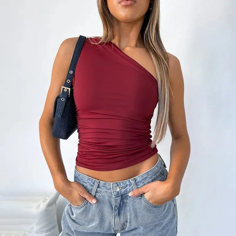 Solid Color One Shoulder Backless Shrink Tank Top T-Shirt Candy Color Tight Sexy Sleeveless Neckless Slim Casaul Top — image 2
