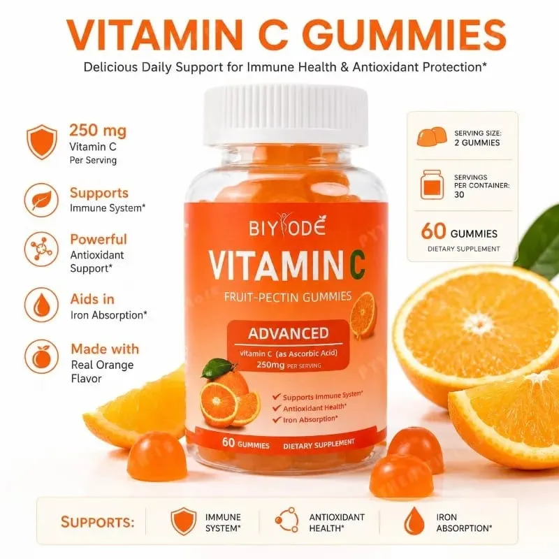 Βιταμίνη C Gummies 250mg με βιταμίνες Α και Ε Μασώμενα πηκτίνης πορτοκαλιού φρούτων 60 Count καθημερινή διατροφή για ενήλικες άνδρες και γυναίκες — image 4