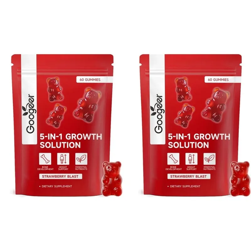 Googeer 5-IN-1 Growth Solution Gummies for Bone Development & Height Support Vitamin D3 K2 Calcium Strawberry Blast 60 Gummies