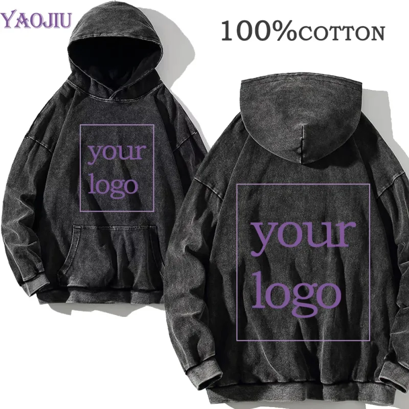 100% Cotton Men's Clothing Vintage Black Acid Wash Hoodies Men Women Oversized Hip Hop Sweatshirts Casual Pullover Y2K Clothes