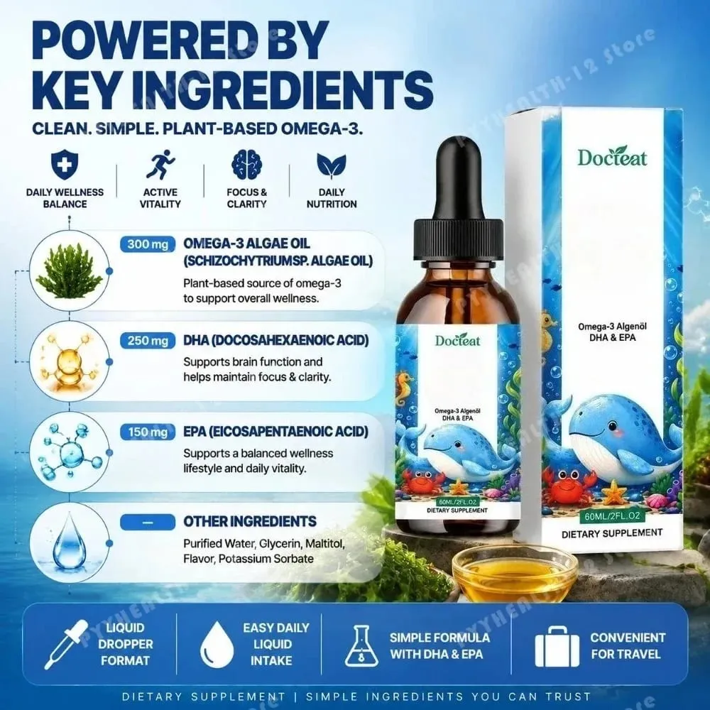 Docteat óleo de algas ômega-3 à base de plantas DHA EPA gotas líquidas para crianças saúde do cérebro vegano não-OGM nutrição diária laranja 60 porções — image 3