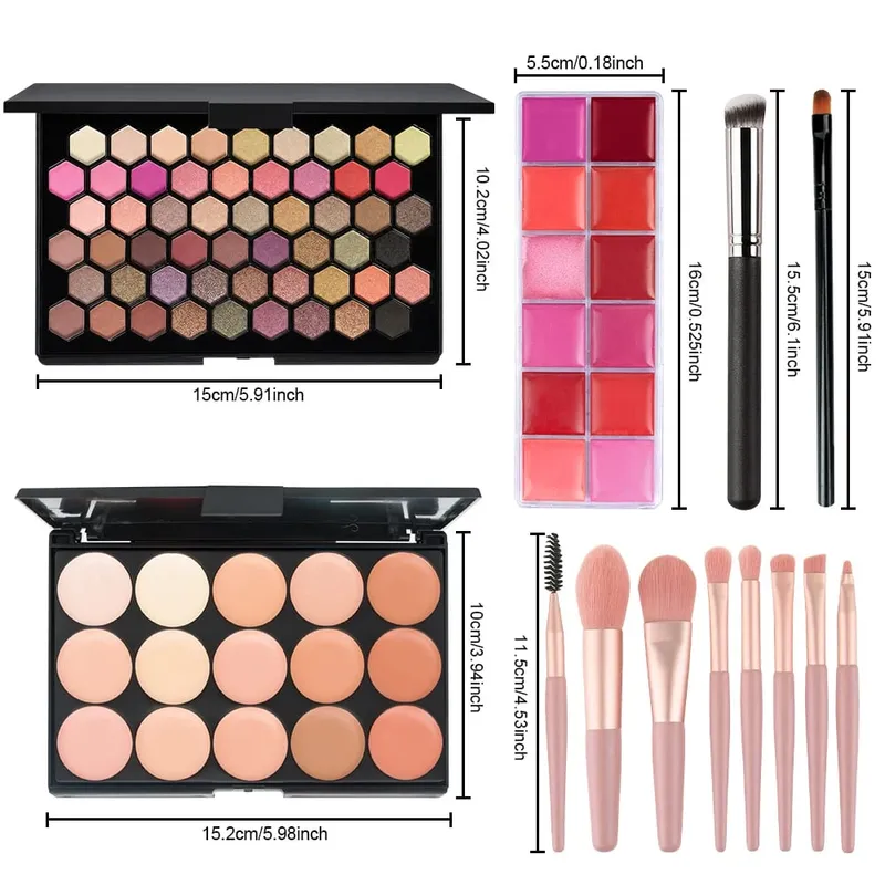 6 pçs kits de maquiagem 54 cores paleta de sombra 15 cores corretivo paleta 12 cores brilho labial com 9 pçs escovas lábio conjunto completo