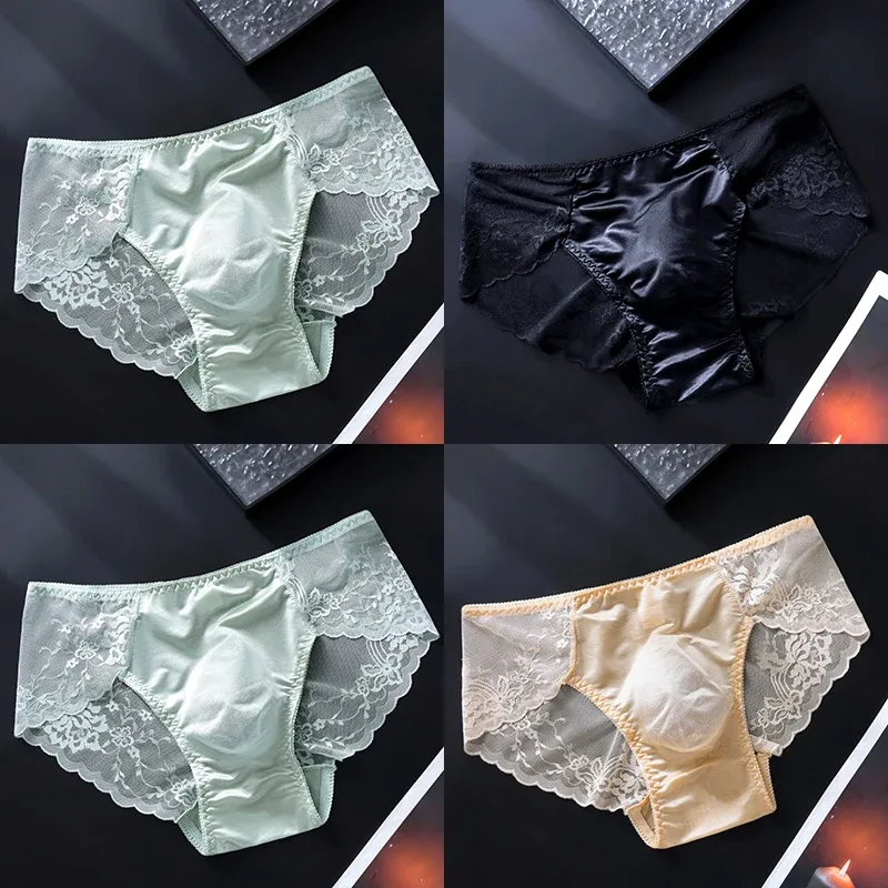 4PCS Sexy Transparent Men Lace Briefs Low Waist Thin Hollow Out Triangle Panties Male Seamless Exquisite Breathable Underwear