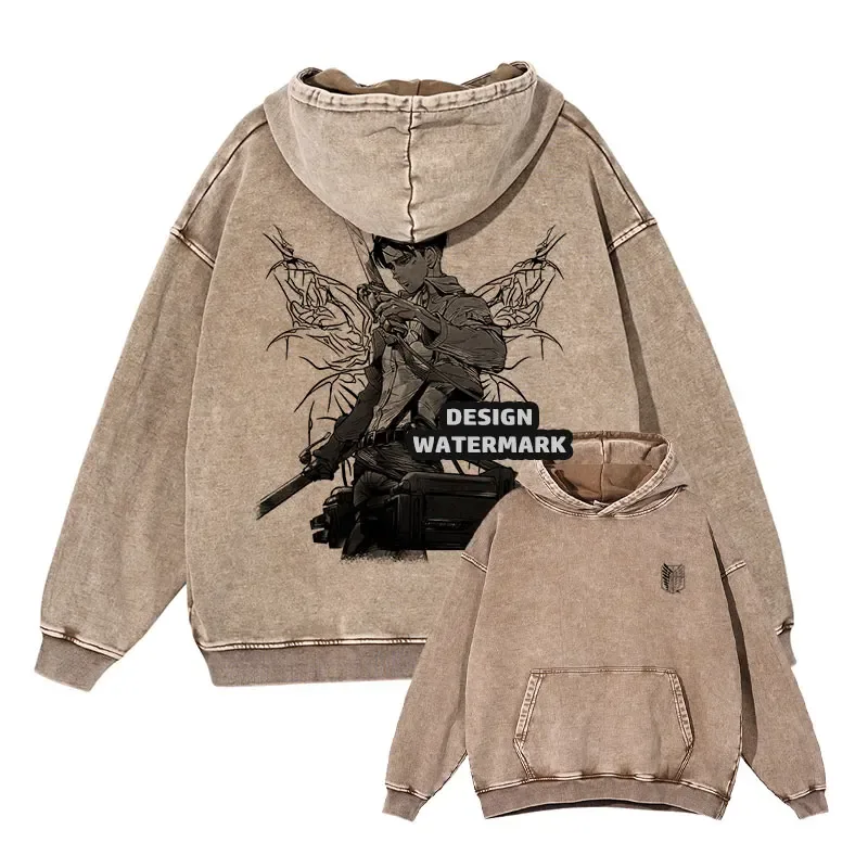 Anime Levi Hoodies Vintage Washed A-Attack on Titan Hoodie Casual Manga Yeager Eren Kapuzenpullover Titan Attack Pullover — image 17