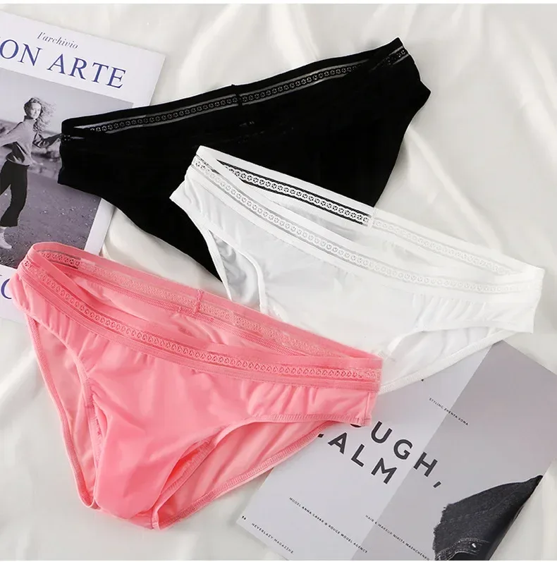 1/3PCS Men's Ice Silk Briefs Ultra-thin Quick Dry High Elastic Lace Waistband Panties Sexy Seamless Breathable Bikini Underwear — image 20