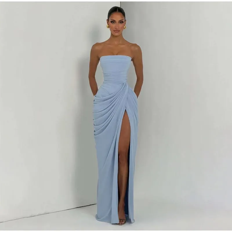 Γυναικείο σέξι μονόχρωμο πλισέ φόρεμα Lady chic off-shoulder Φορέματα με σπαστό στράπλες ψηλόμεσο 2026 Καλοκαιρινό βραδινό πάρτι