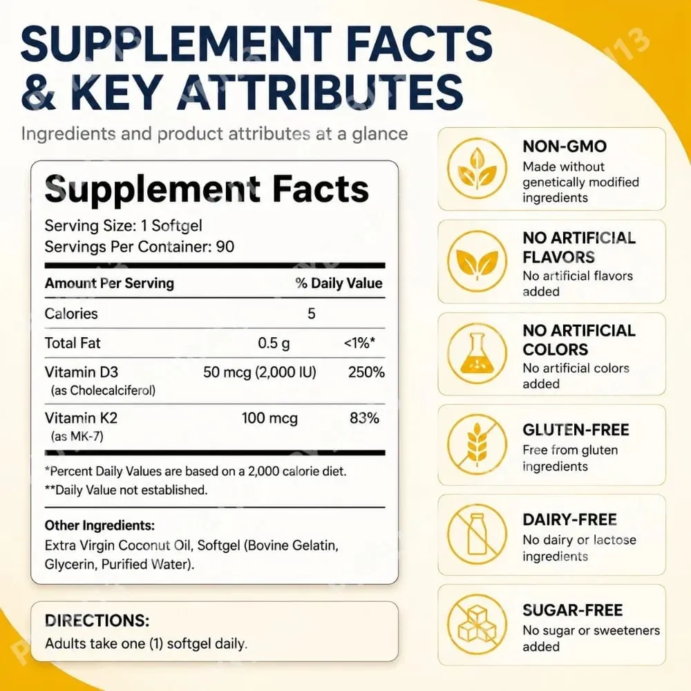 Βιταμίνη D3+K2 Κάψουλες 2000 IU + 100 Mcg - Υγεία οστών & Ανοσολογική Υποστήριξη Απορρόφηση ασβεστίου Daily Wellness Formula 90ct — image 4