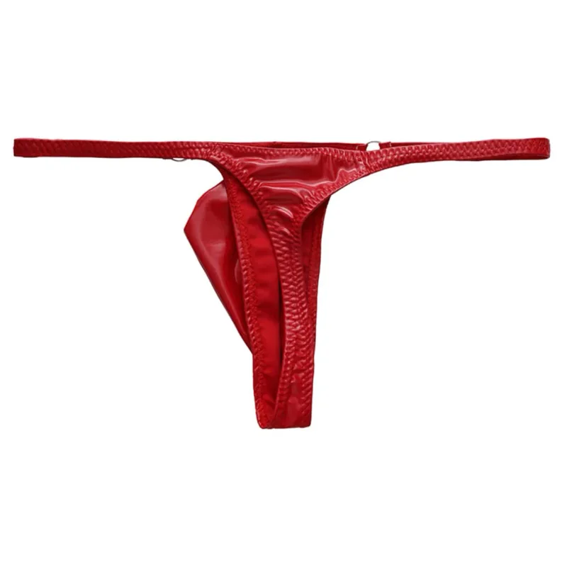 1pc Men Shiny Leather Waist With Metal Ring G-strings Thongs Gay Bulge Pouch Low Waist Stretchy Underwear Butt-Exposing Sexy — image 1
