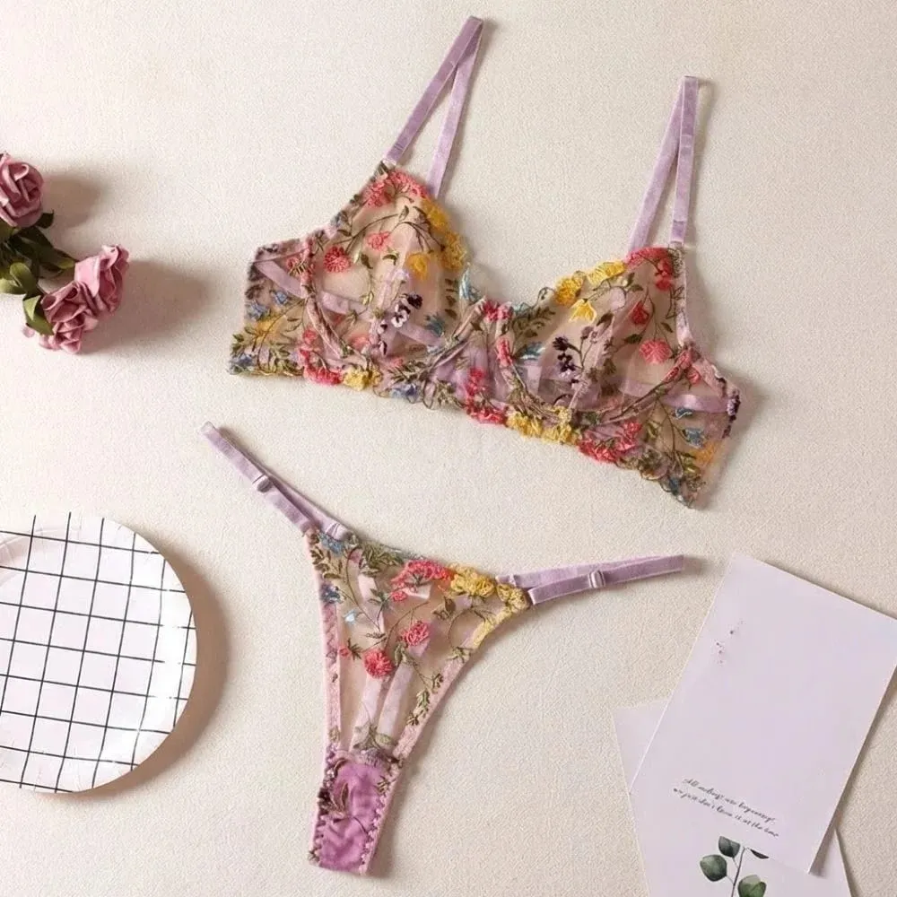 2-Pece Fashion Floral Σετ Εσώρουχα Διαφανές Κέντημα Εσώρουχα Intimates Underwire Push-up Ευέλικτο Σετ εσώρουχα σουτιέν για κορίτσια
