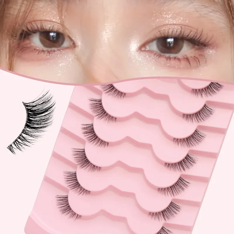 7 ζεύγη φυσικές βλεφαρίδες Wispy Half Clear Band strip Lashes Ψεύτικες βλεφαρίδες Μαλακές αφράτες ελαφριές βλεφαρίδες μακιγιάζ — image 2