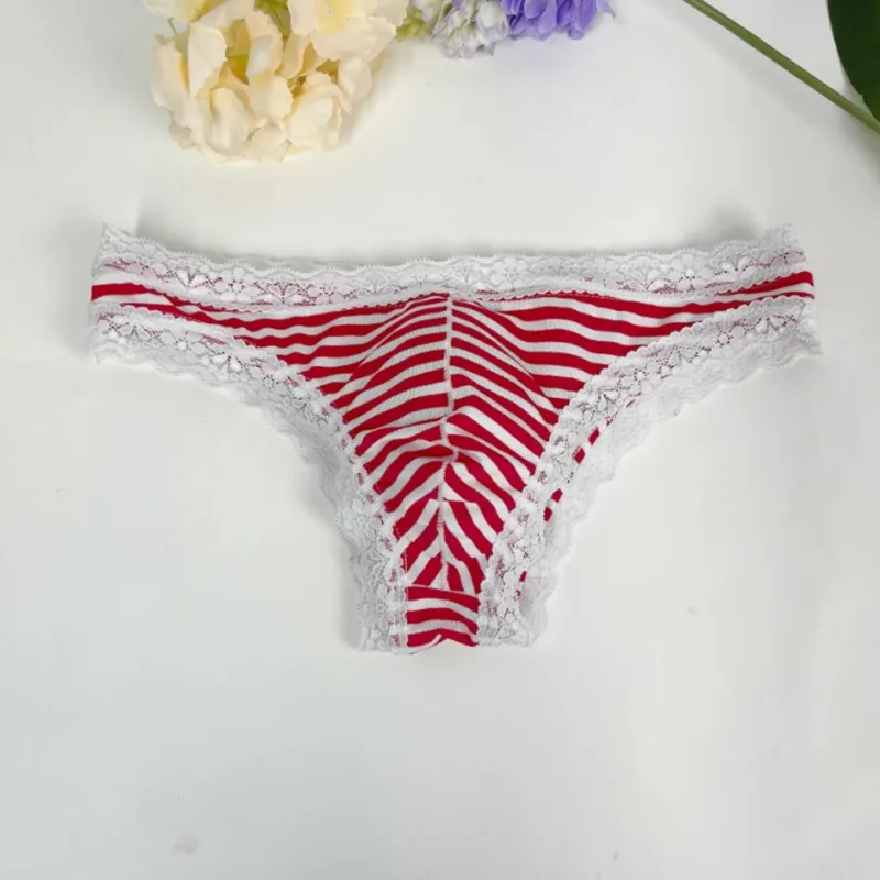 Men Lace Trim Striped G-string Underwear Half-covered Butt Low-rise Pantie Thong Half Hip Men Briefs Mens Sexy Underwear — image 10