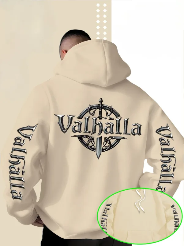 Sweat à capuche ample Viking Valhalla avec logo imprimé en forme d'épée pour homme, adapté pour l'automne et l'hiver.