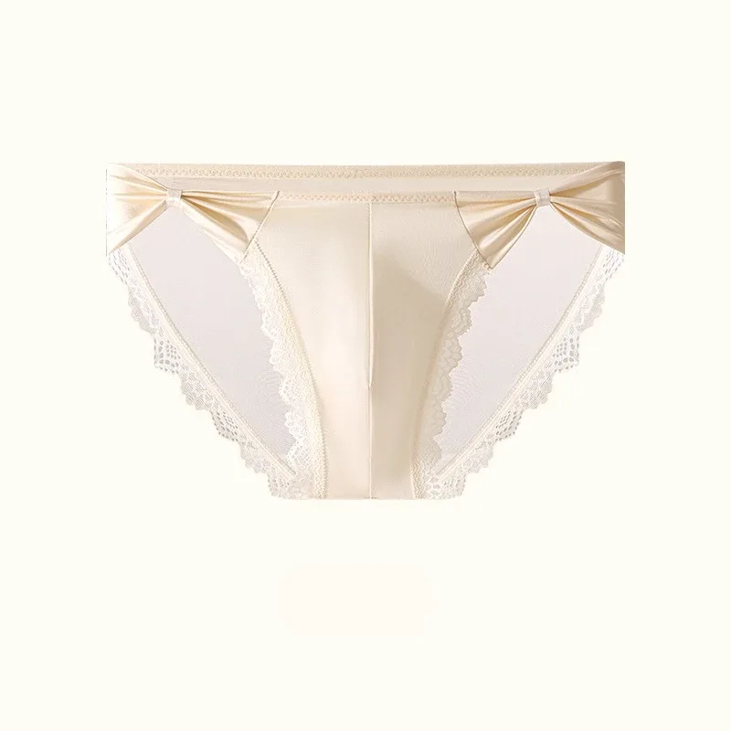 Men's Underwear High Fork Bow-Tie Lace Briefs U Convex Pouch Lingerie Underpants Ultra-Thin Ice Silk French Mesh Panties