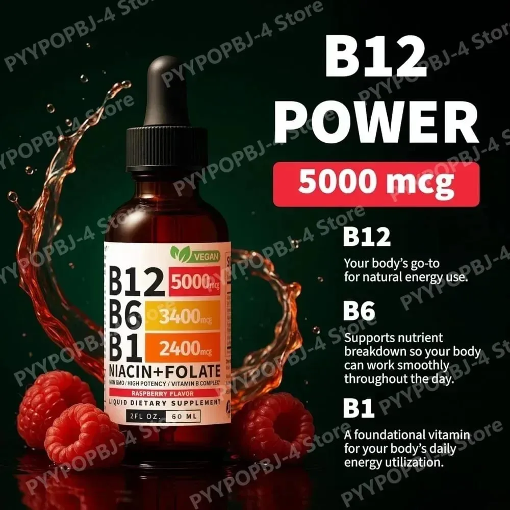 Βιταμίνη Β12 Β6 Υγρές Σταγόνες 60ml Σύμπλεγμα Β με Β1 Νιασίνη Φολικό Βατόμουρο Vegan Καθημερινό Συμπλήρωμα Ευεξίας 40 Μερίδες Ενήλικες — image 2