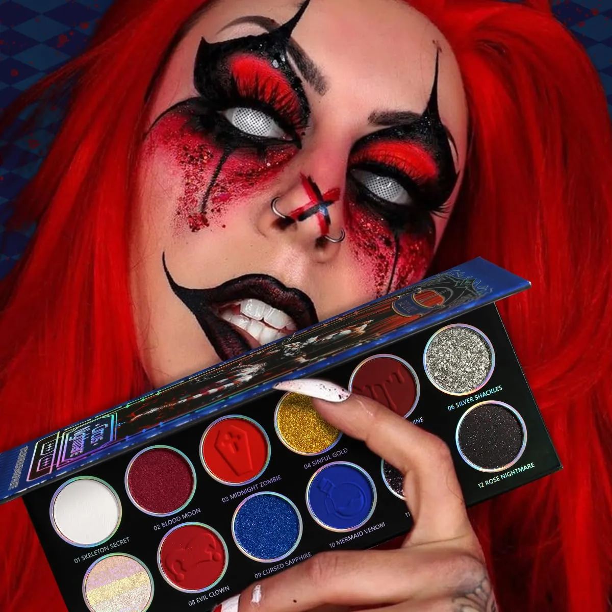 Παλέτα σκιών ματιών 12 χρωμάτων Chameleon Metallic Silver Shimmer Black Goth Clown Halloween Long Wear Vegan Μακιγιάζ ματιών 17g