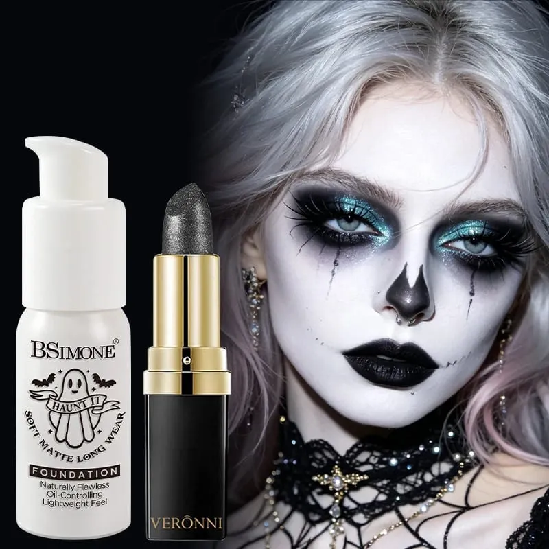 2 τμχ Σετ Black Diamond Glitter Lipstick & White Foundation Halloween Cos Stage Creative Makeup Kit For Face & Lip